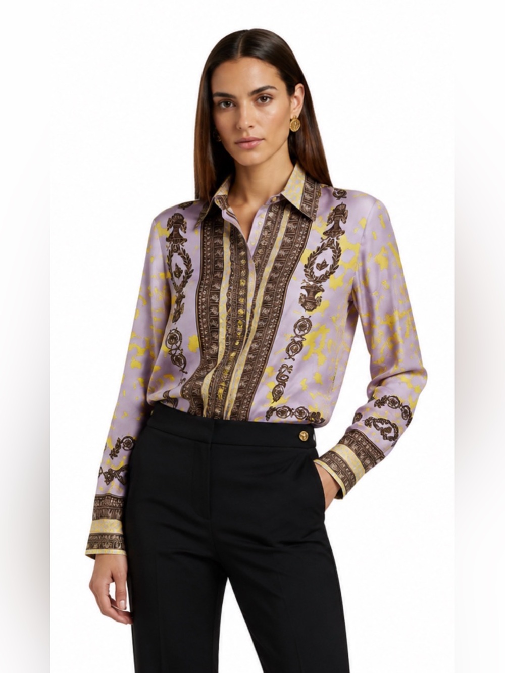Versace Silk Blouse Size 40 IT Lavender Yellow Baroque Medusa Gold Buttons